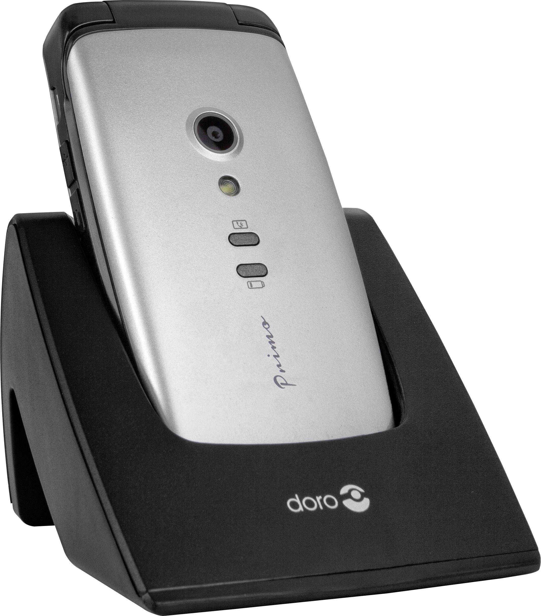 Silver mobile phone on a black charging station, camera lens and the text 'Primo' visible, with the brand 'doro' on the station.