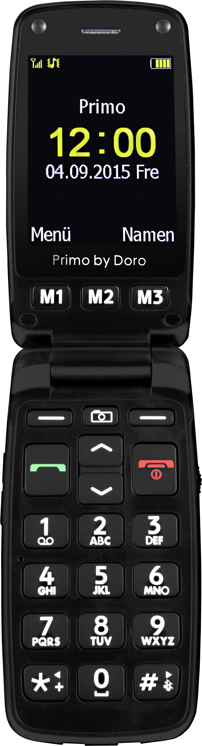 A black flip mobile phone with a large display shows the time '12:00' and date '04.09.2015 Fri'. Buttons are clearly visible.