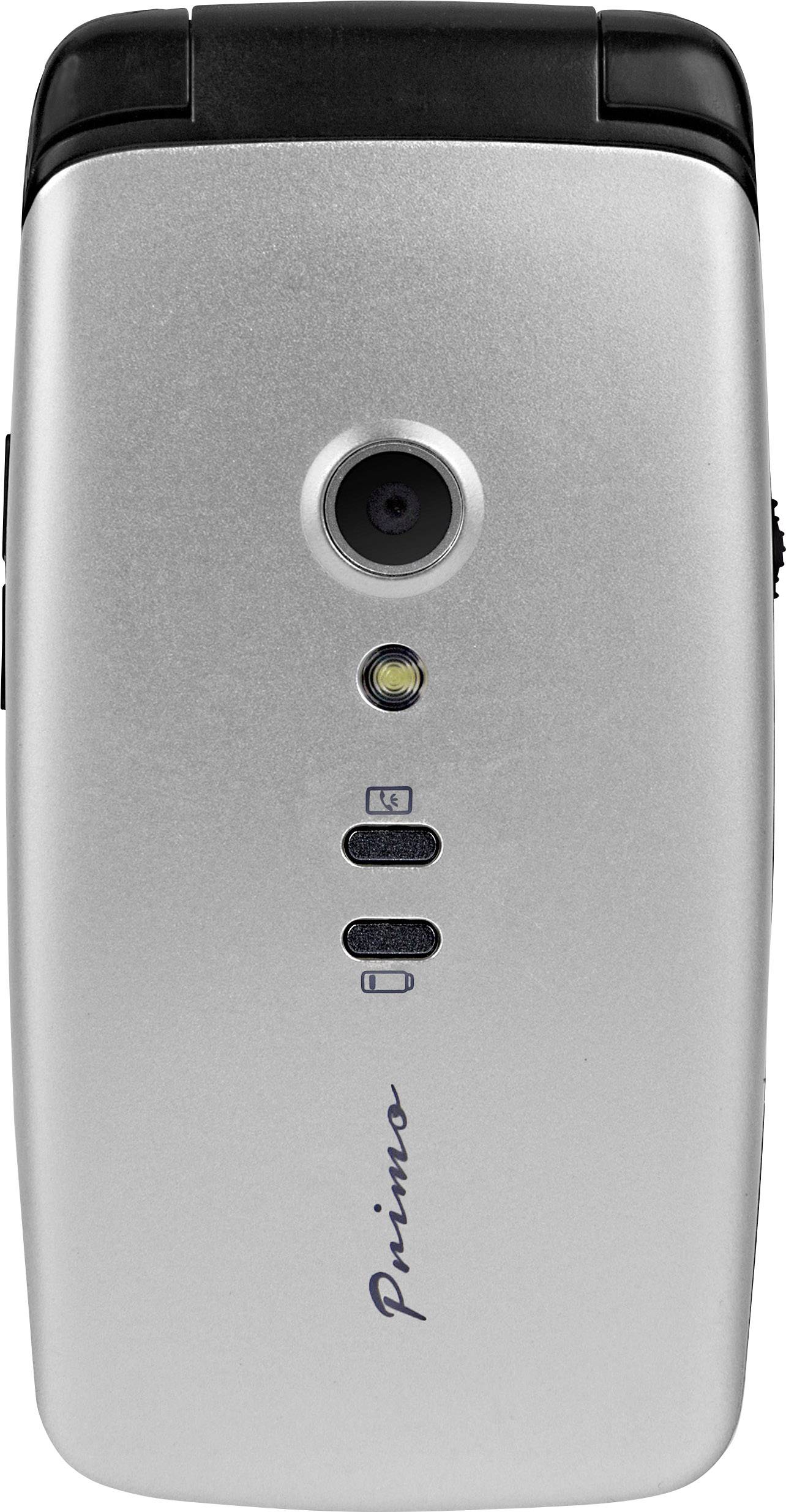 A silver flip mobile phone with a camera and LED flash on the back, trimmed in black at the top and bottom. Brand name 'Primo'.