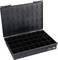 Black plastic storage case with open lid, showing 36 compartments for organised storage of small items.