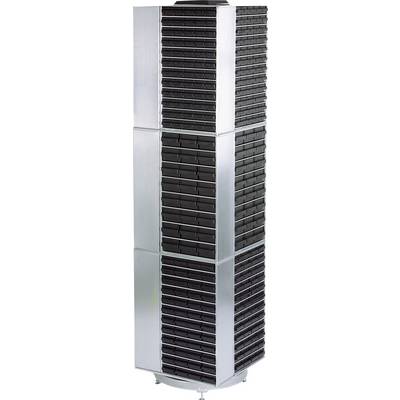 A large stack of numerous black CD cases, piled on top of each other in a tall, metallic shelving unit.