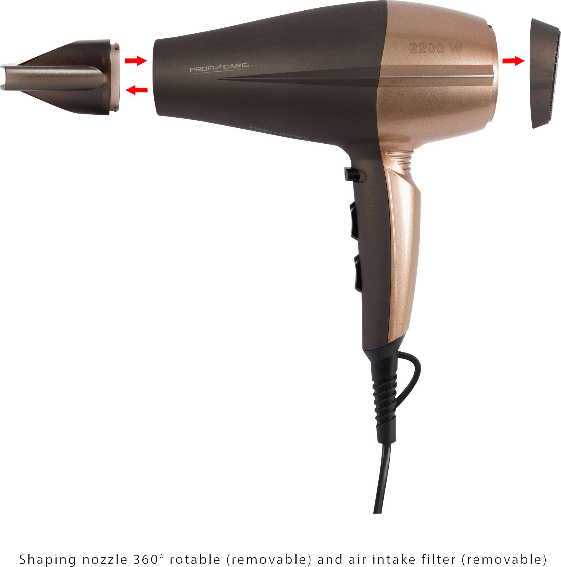 A brown hairdryer with 2200 W power, a detachable styling attachment and air filter.