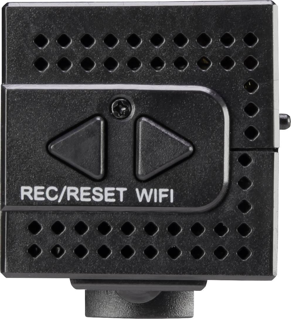 Black plastic component with two arrow-shaped buttons and the inscription 'REC/RESET WIFI'.