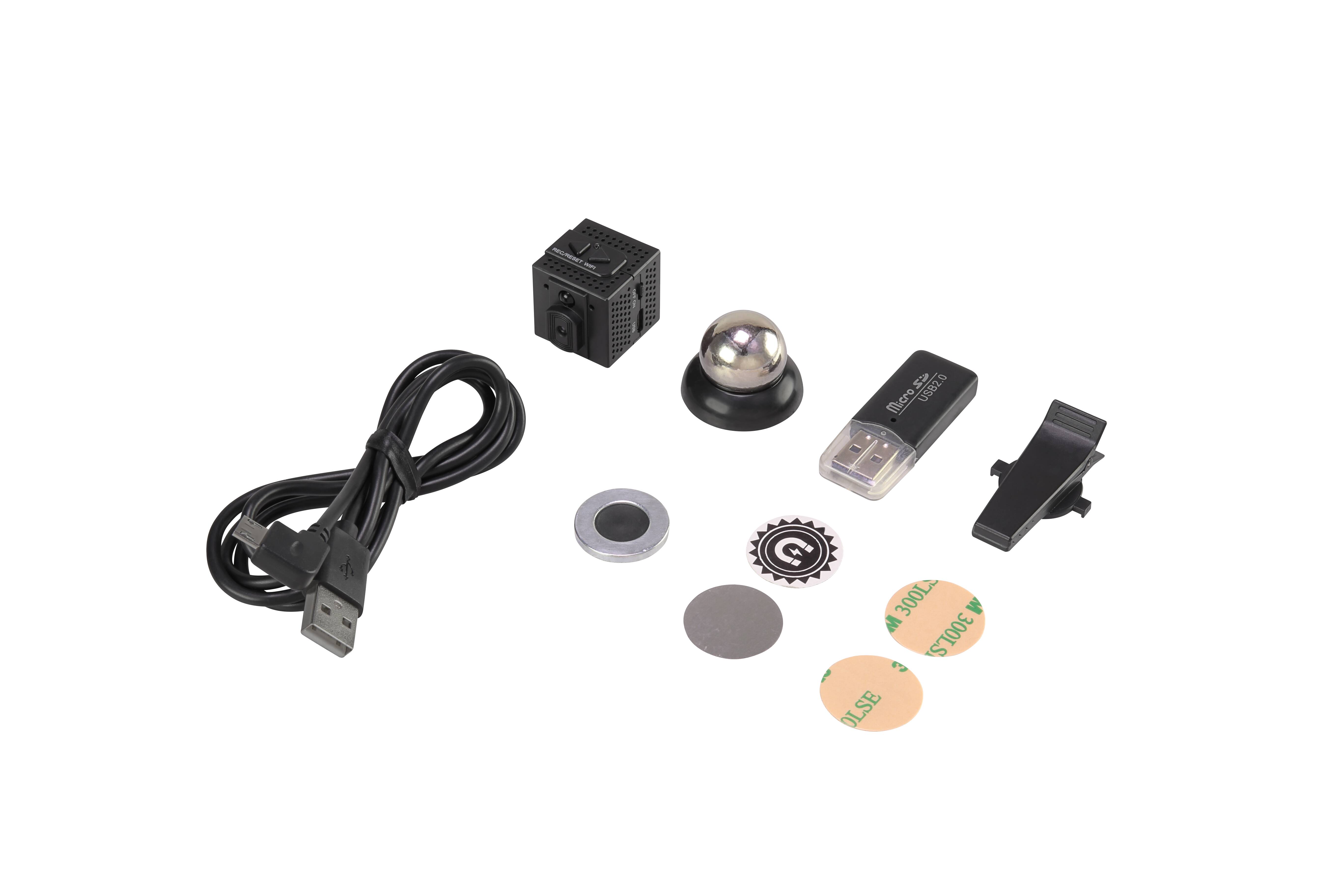 A mini cube camera set with USB cable, USB card reader, metal ball holder, magnetic ring, and double-sided adhesive tapes.