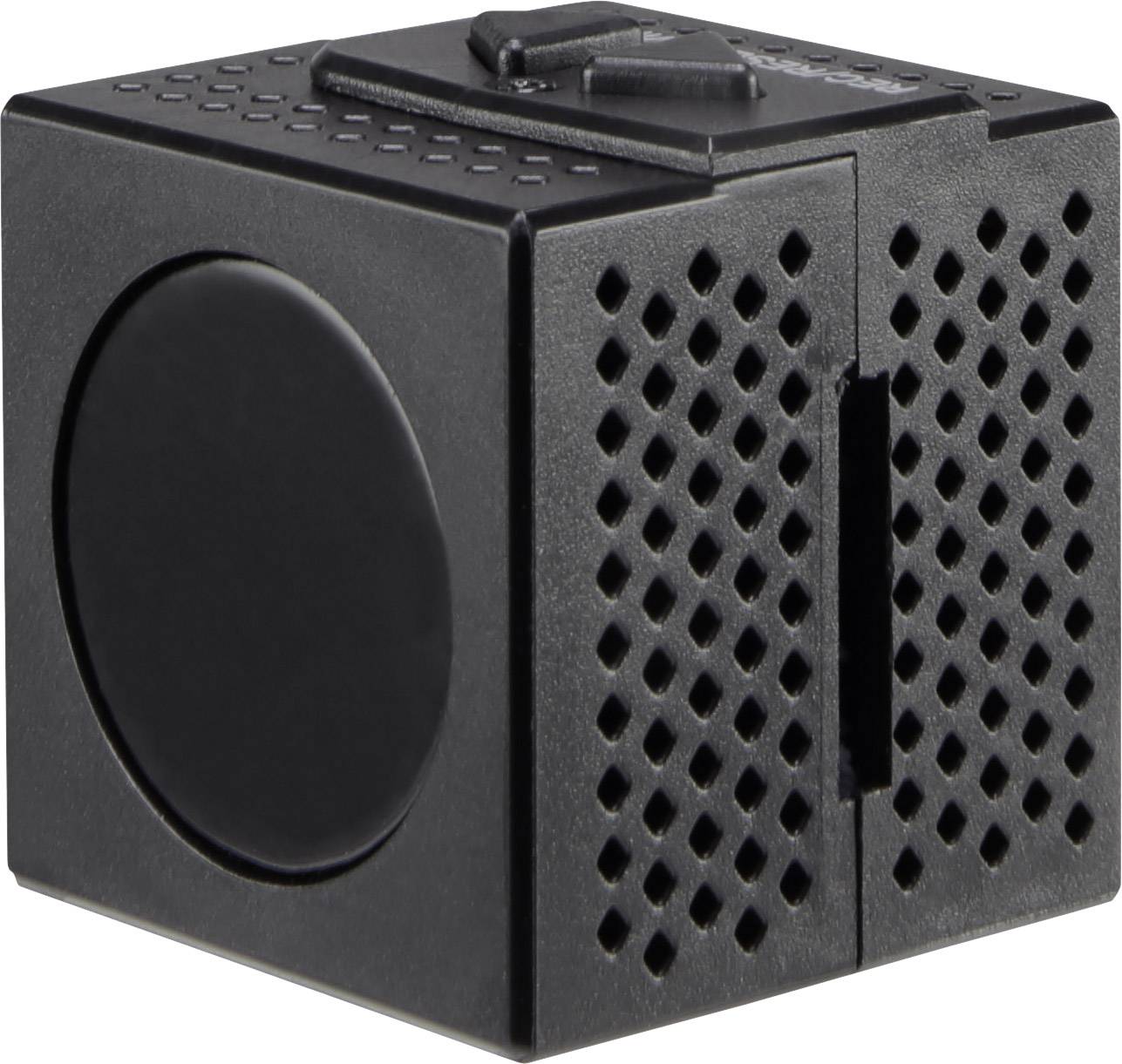 Black, cube-shaped electronic device with a perforated side and a round button on top.