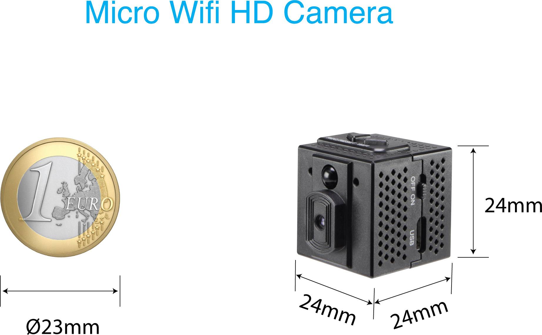 'Micro Wifi HD Camera' illustration shows a compact black camera measuring 24x24x24 mm in comparison to a 1-euro coin.