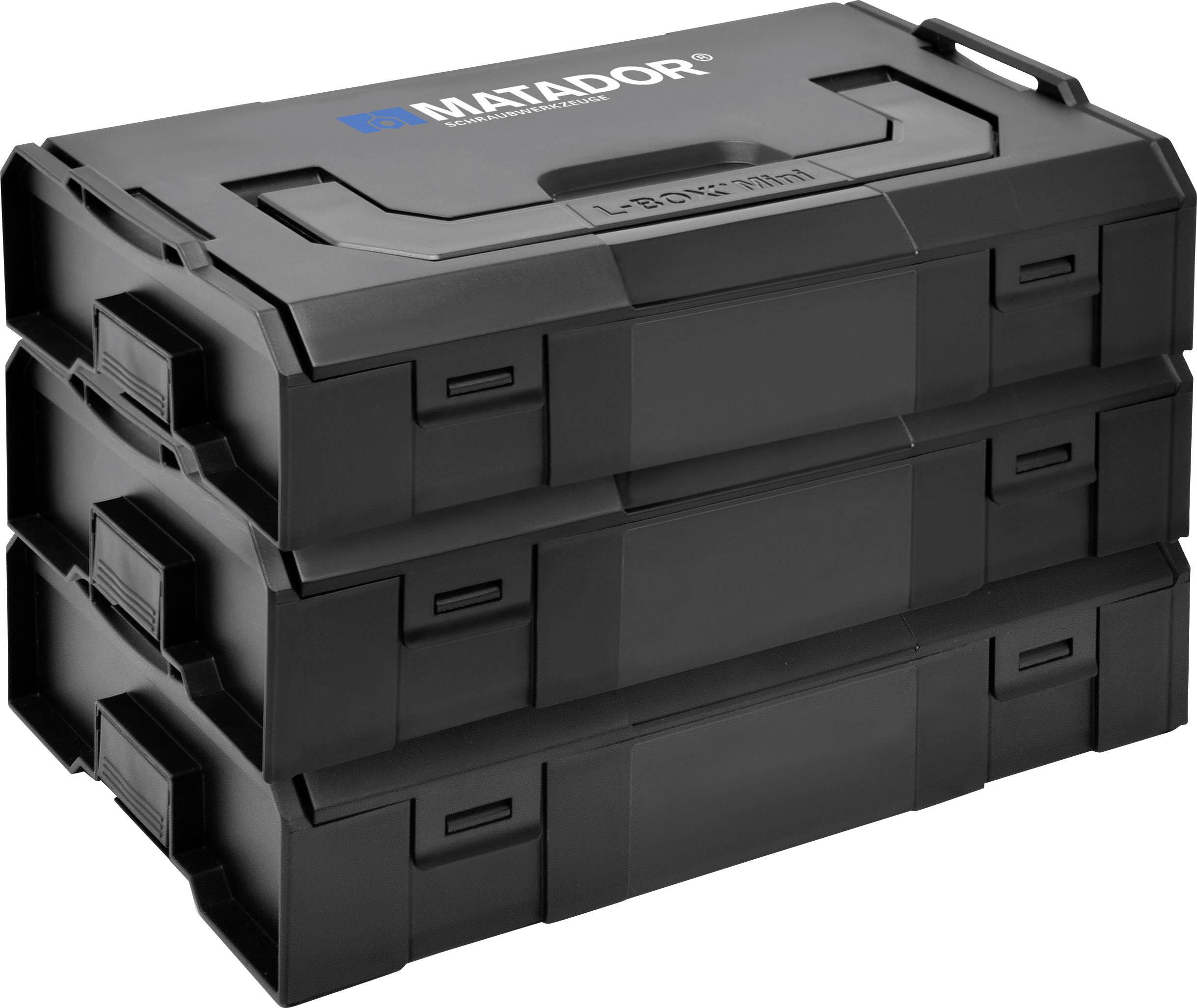 Three stacked, black toolboxes by the brand 'Matador', which appear robust and lockable, suitable for workshop storage.