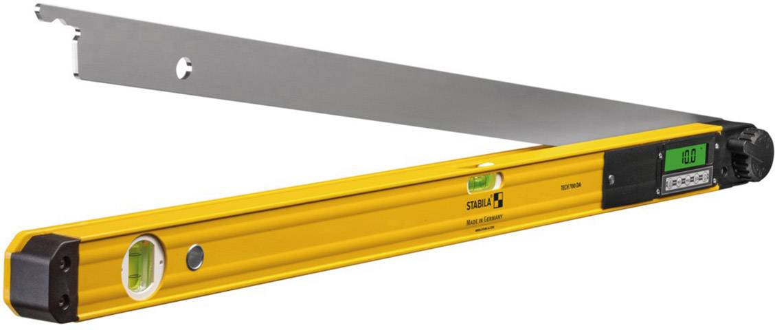 A yellow digital angle measurer with a built-in spirit level, displaying an angle on a small screen, with the measuring arm to the left.