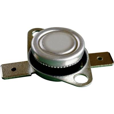 A circular thermal switch with two rectangular metal tabs for mounting. It is used to regulate temperature limits.