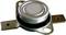 A circular thermal switch with two rectangular metal tabs for mounting. It is used to regulate temperature limits.