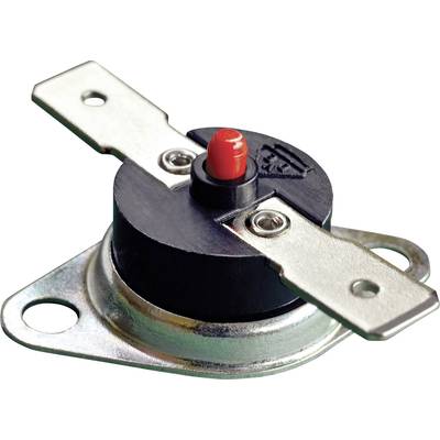 Round thermostat with a red button and two metal contacts, used for temperature regulation in electronic devices.