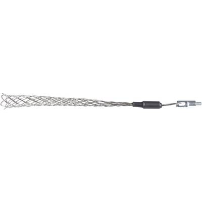 Cable relief clamp made of metal with wire mesh and screw connection, used for securing cables or hoses.