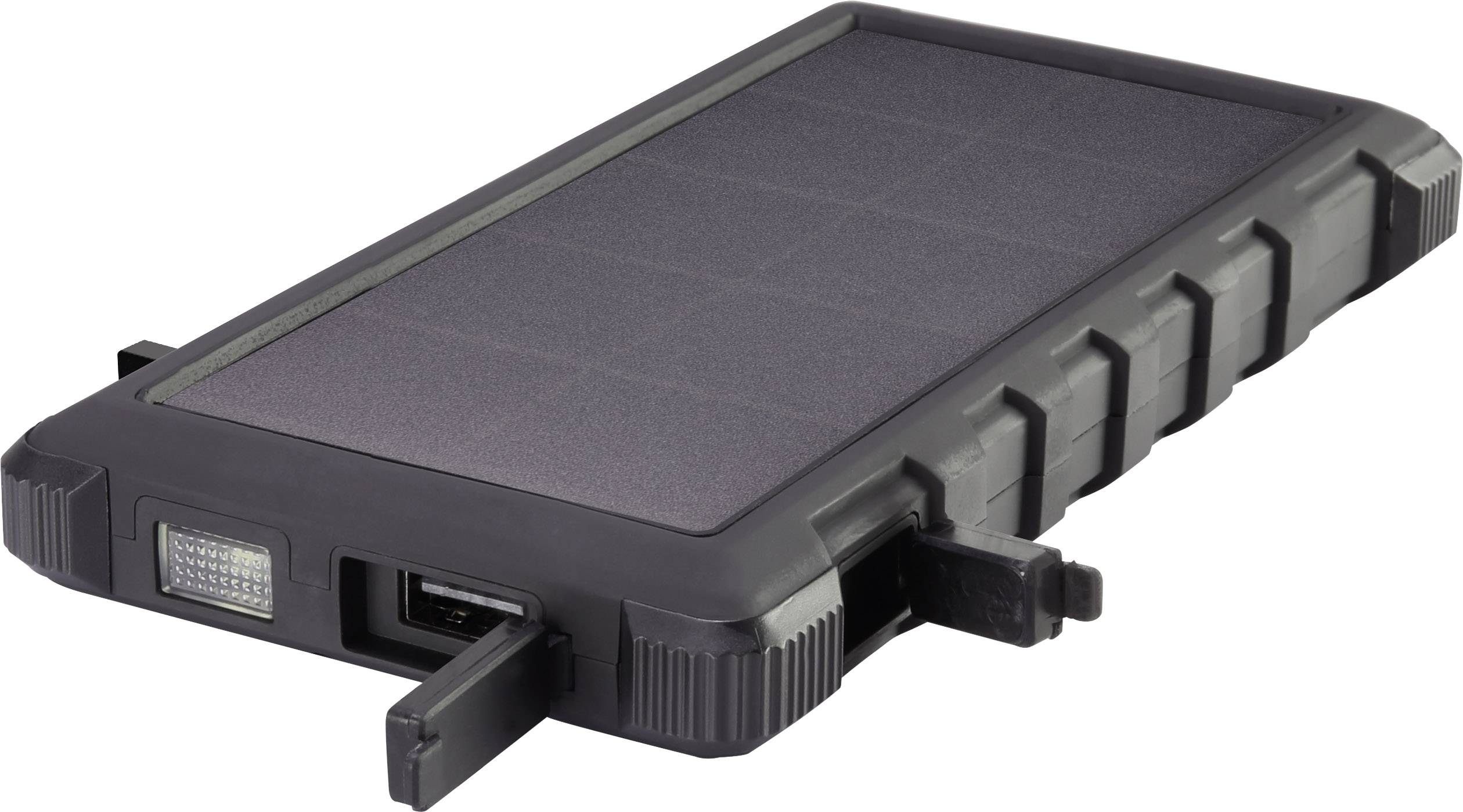 Portable solar charger with rugged design, two USB ports and LED light; suitable for outdoor use.