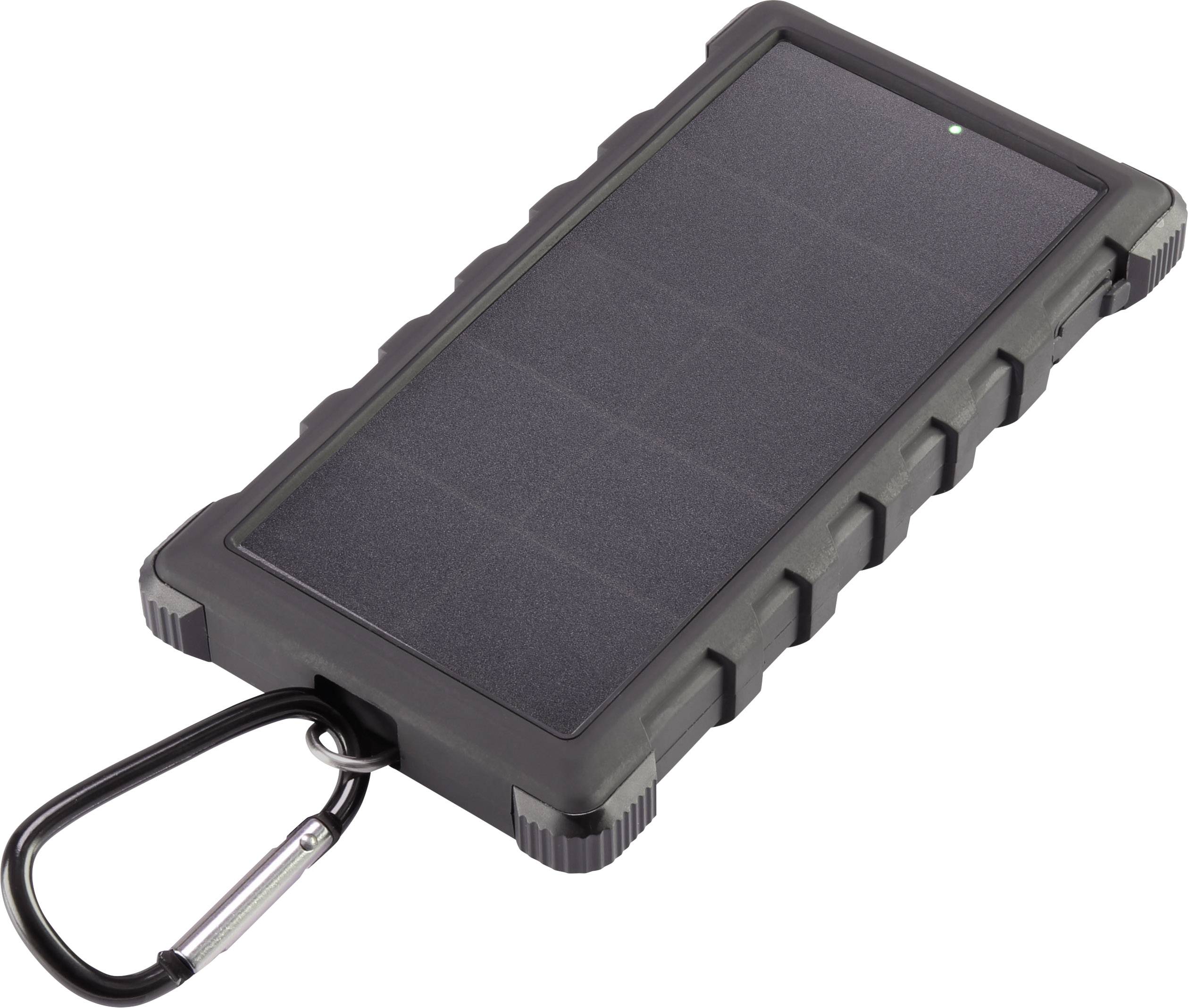 A portable solar power bank with a rugged casing and integrated carabiner hook, suitable for outdoor activities.