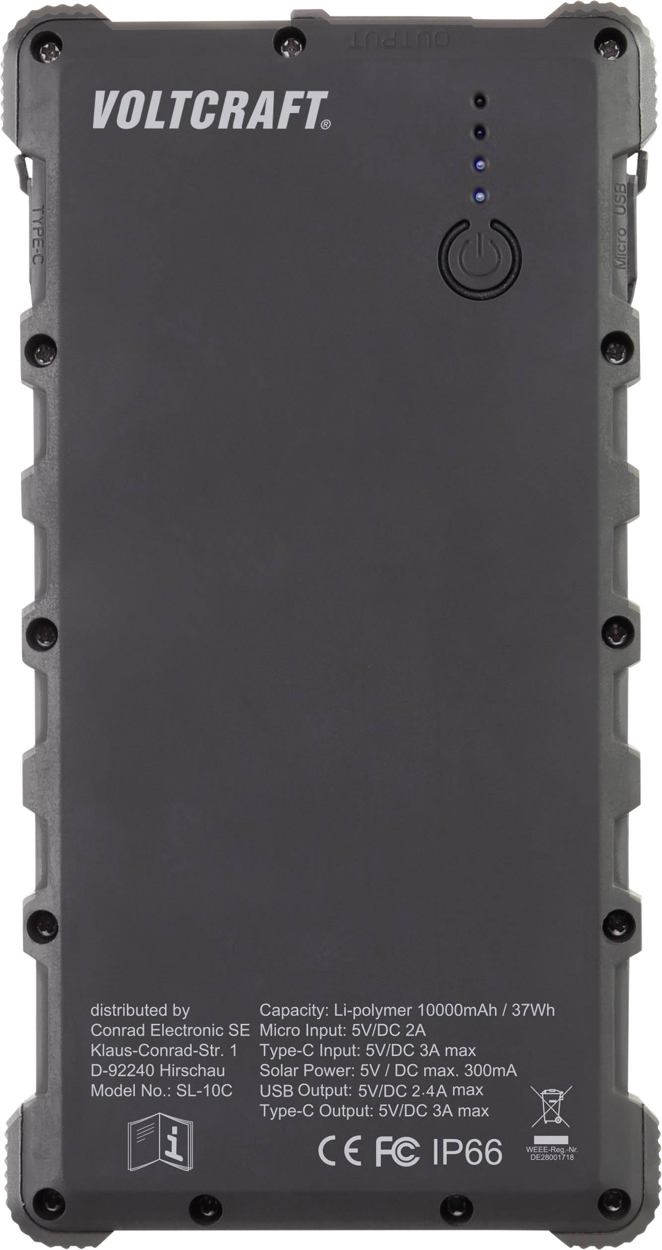 Portable power bank by Voltcraft, 10000 mAh capacity, with USB port and LED display. Suitable for rugged environments (IP66 certified).
