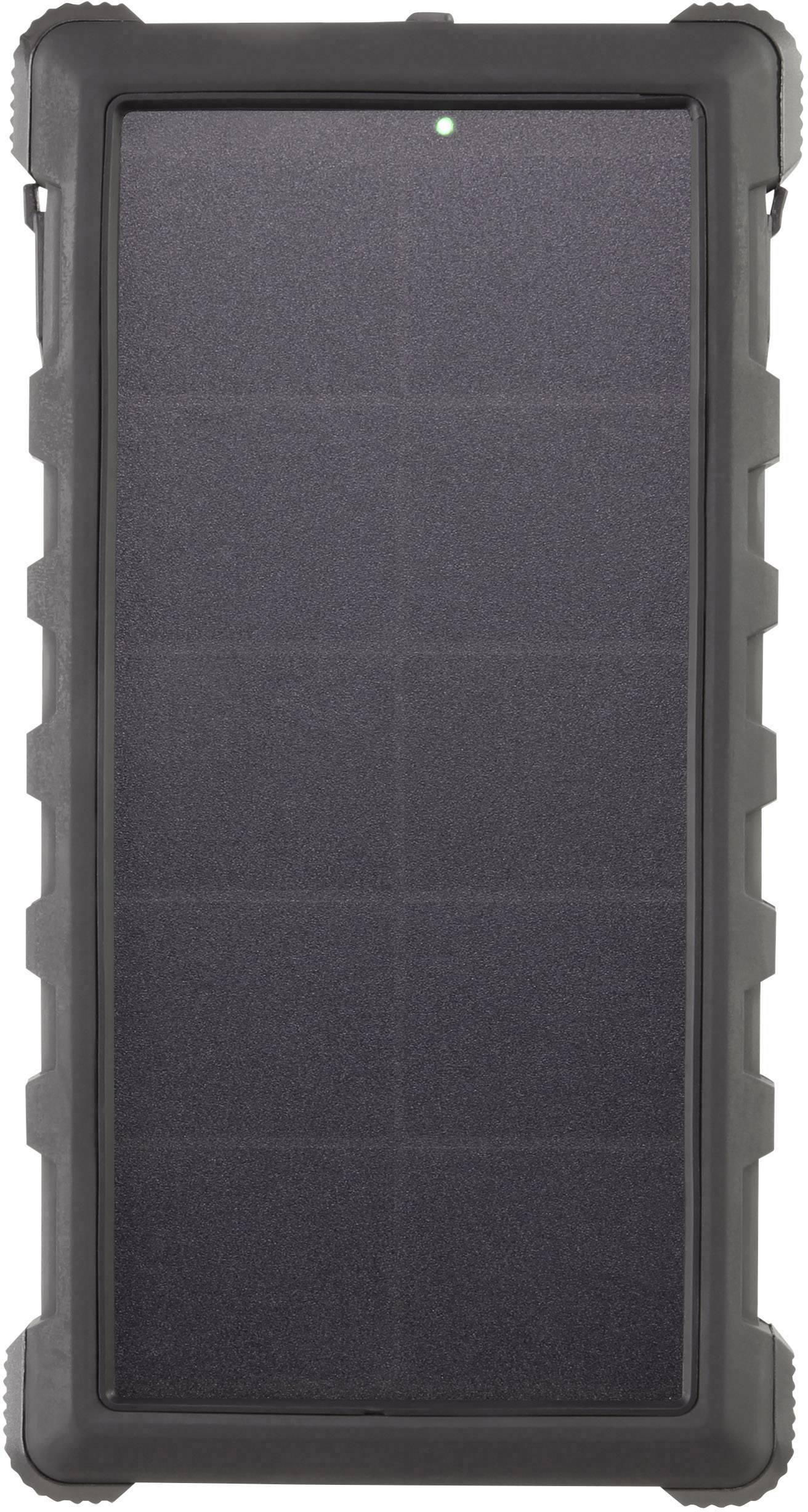 Portable solar panel with a black surface and robust casing, suitable for outdoor use and mobile energy generation.