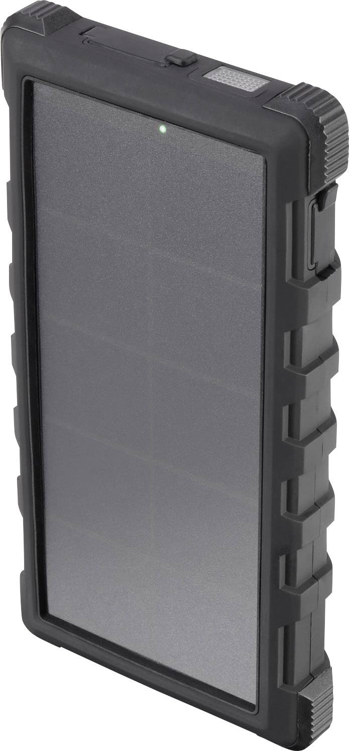 Black, robust solar charger with integrated solar cell.