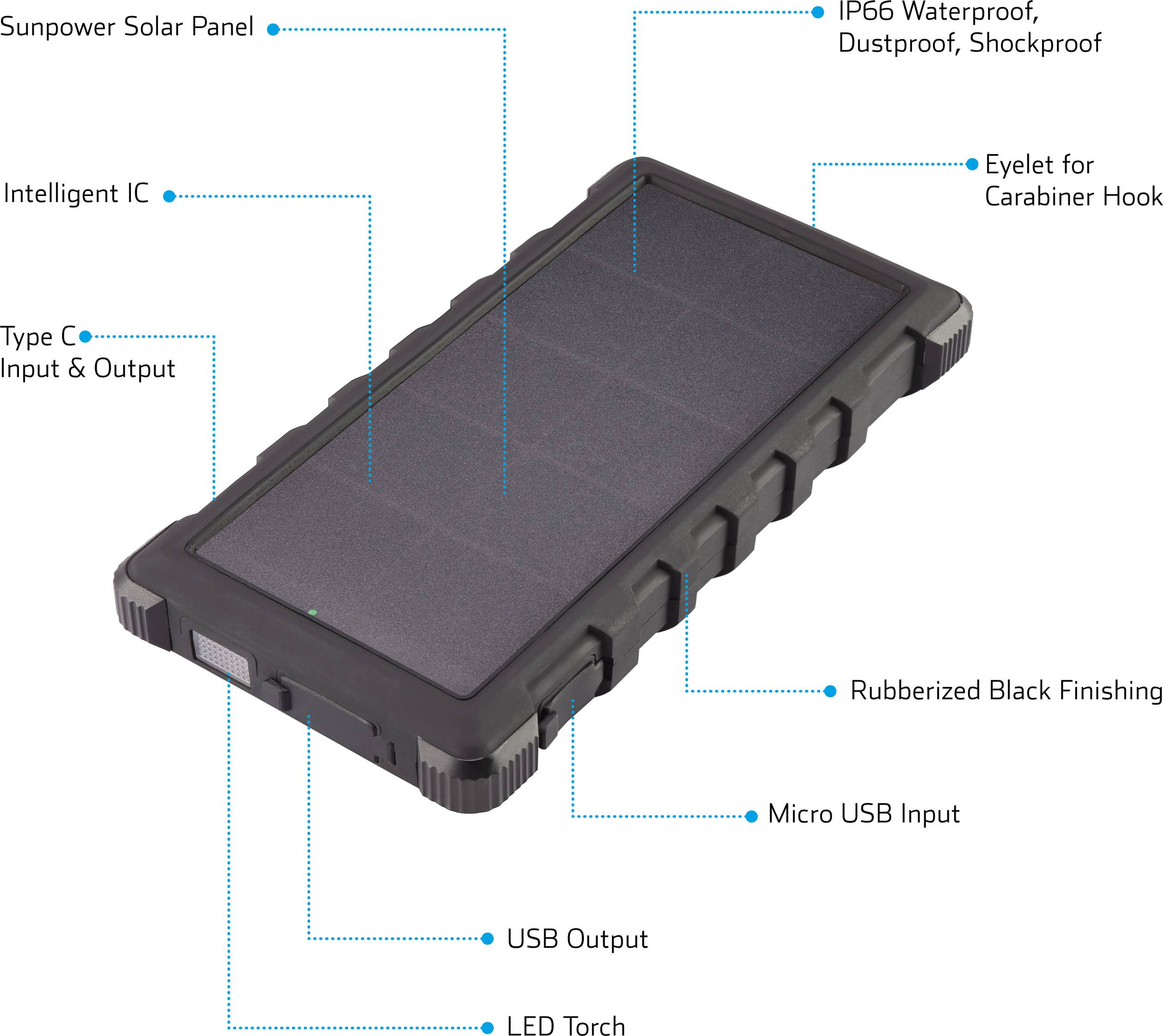 A black, robust solar power bank with USB and Micro-USB input/output, LED torch, water- and dust-proof (IP66).
