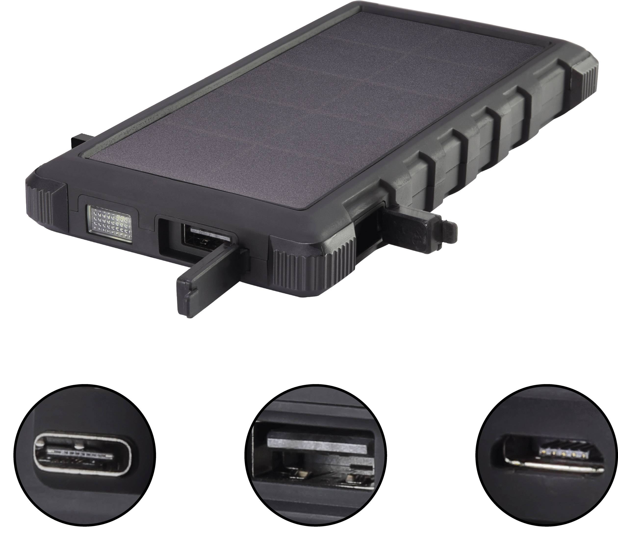 Black solar charger with three ports: USB-C, Micro-USB and standard USB. Robust and compact.