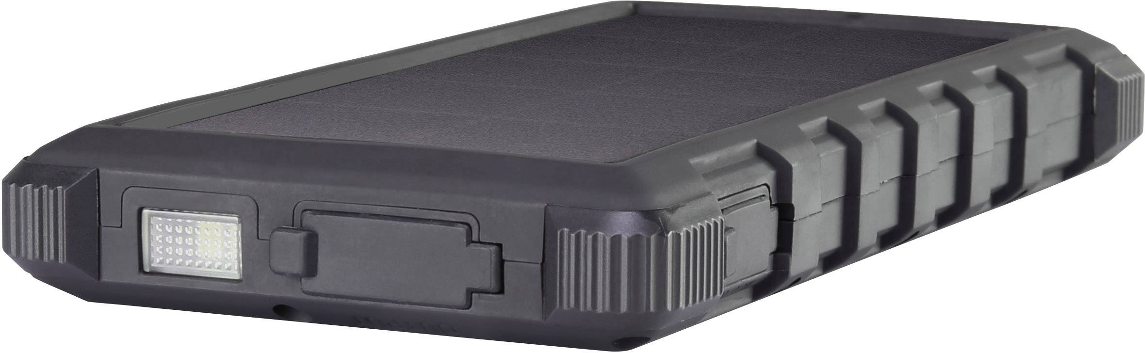 A black, portable power bank with solar cells and a built-in torch. Suitable for mobile charging and outdoor activities.