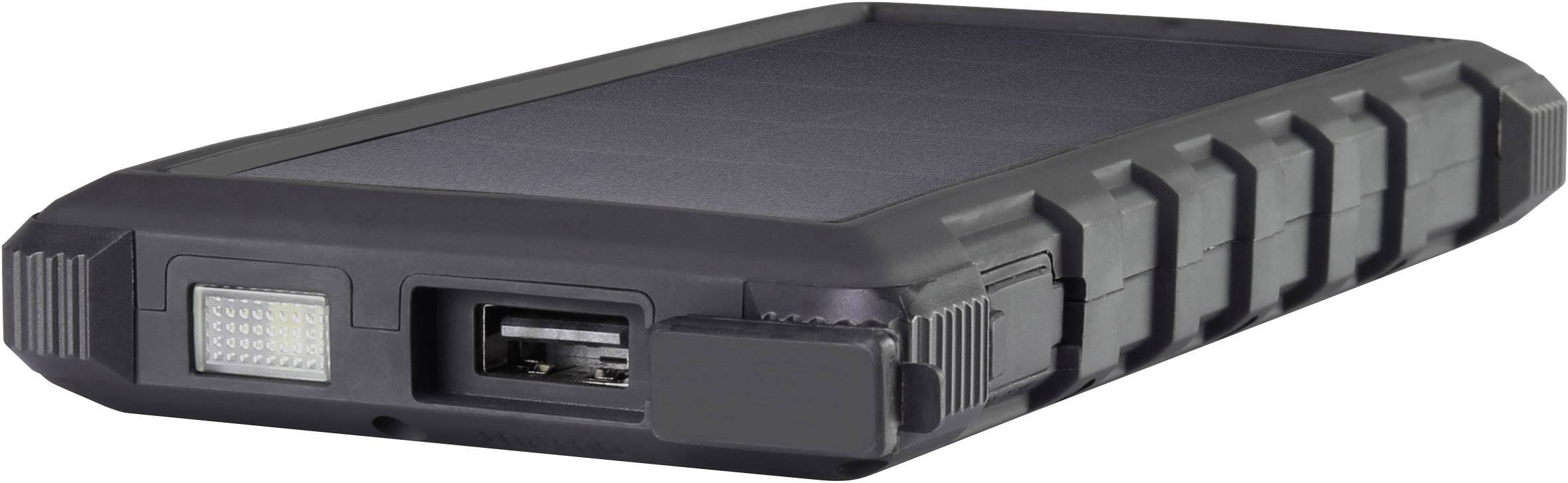 Portable power bank with a robust, black casing and USB port. It features a solar panel for energy recharging.
