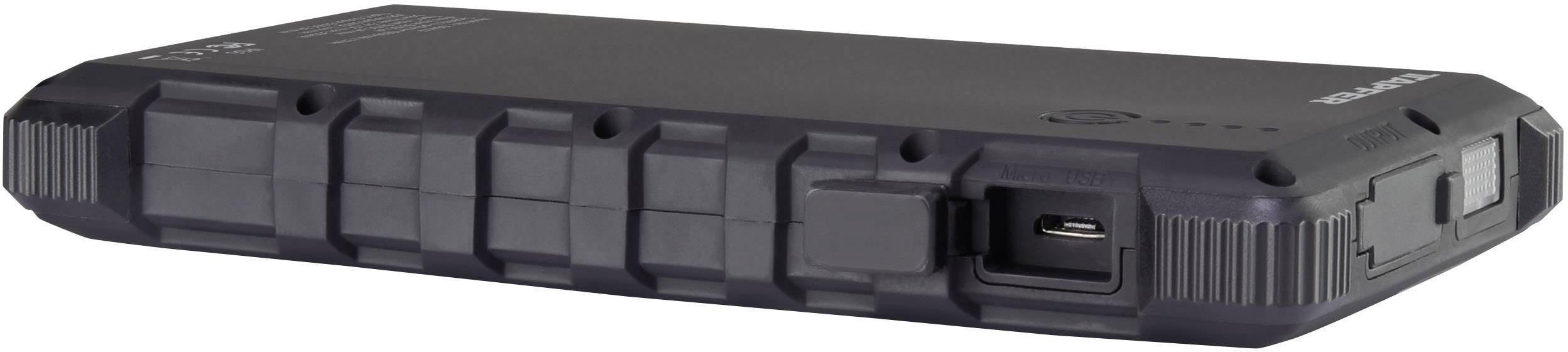 Black, robust power bank with multiple ports, including a USB port. Suitable for outdoor use thanks to its shock-resistant design.