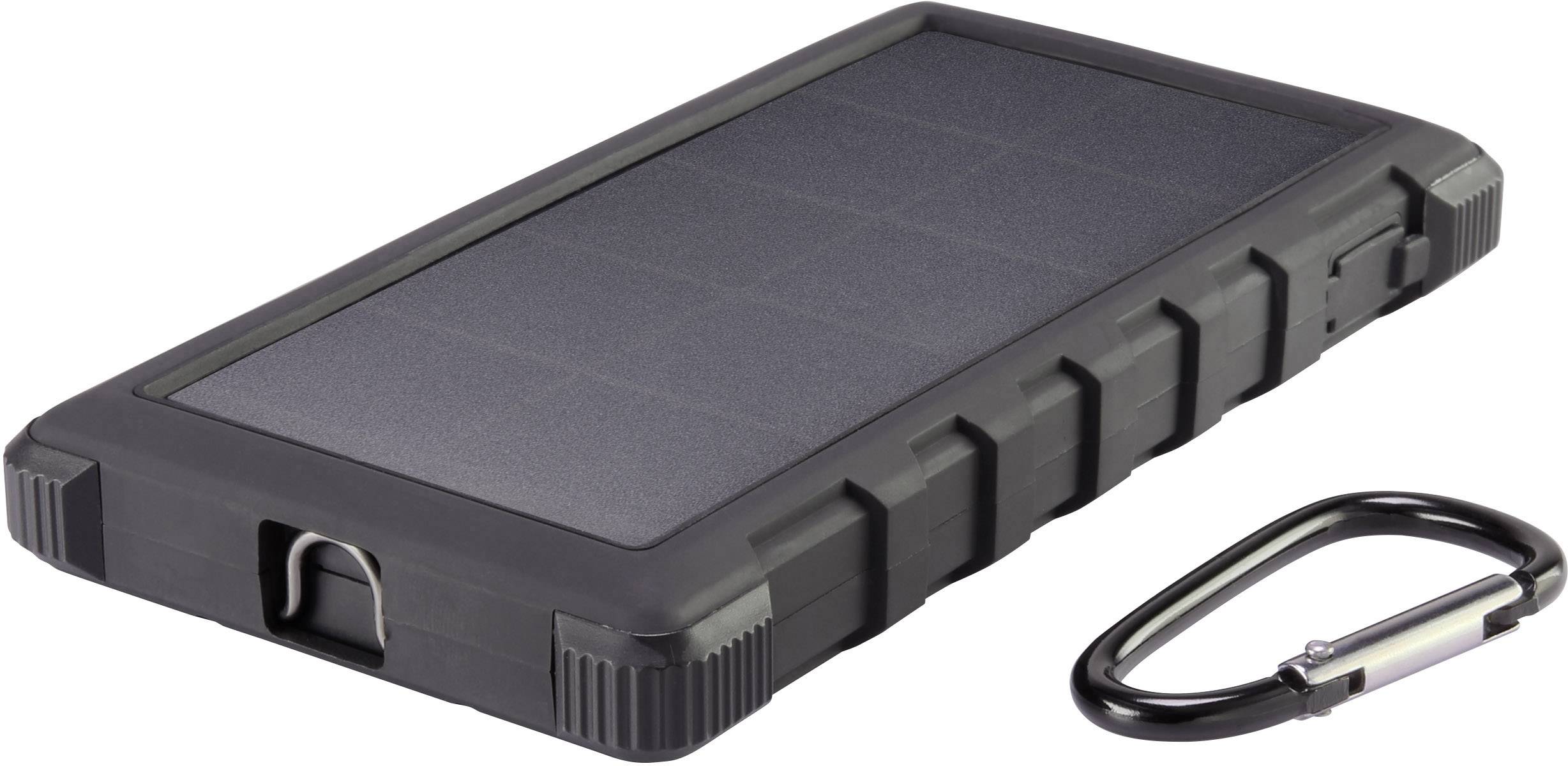 A black solar power bank with a robust casing and carabiner hook. Perfect for outdoor activities.