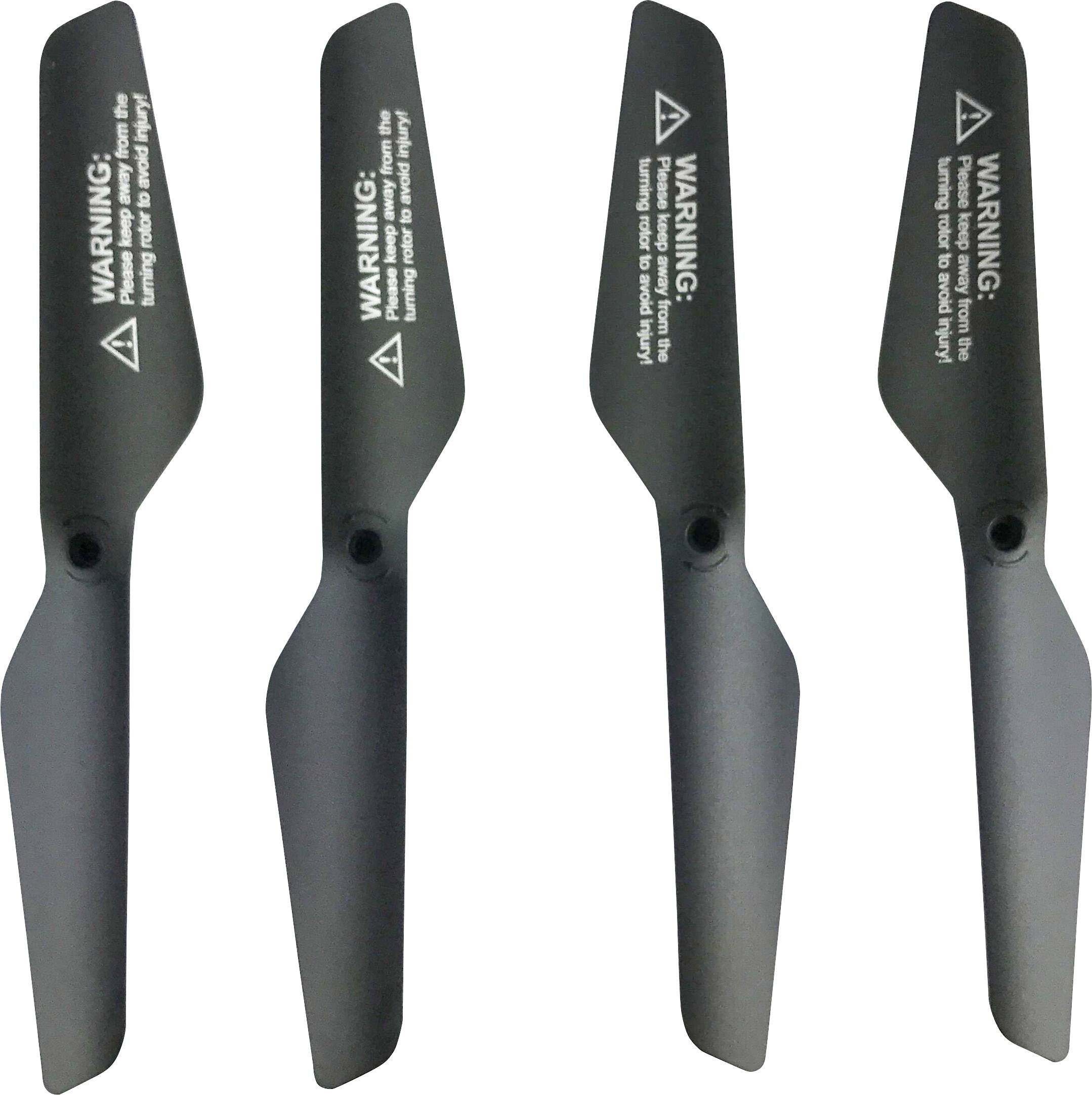 Four black propeller blades with the inscription 'WARNING: Failure may lead to serious injury' in white.