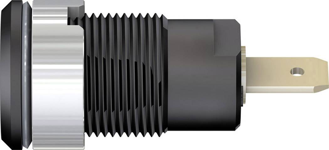 A round, threadless adaptor plug with a black plastic body and metallic connection, side view.