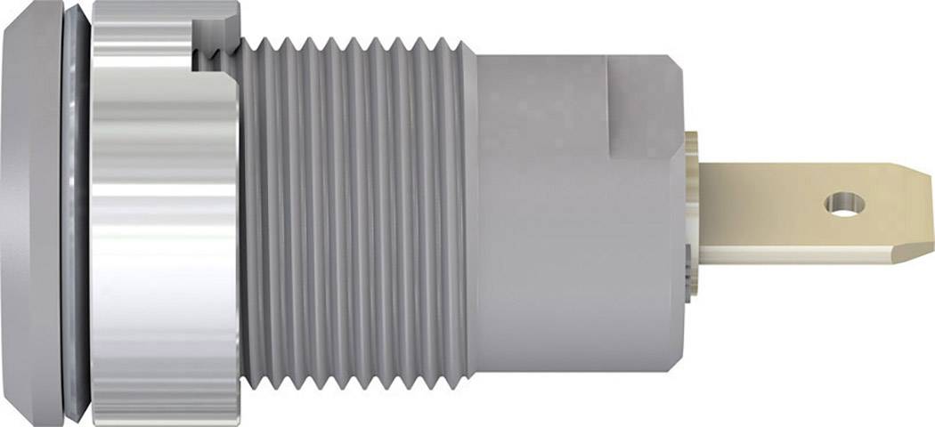 A cylindrical metal switch with a knurled casing and a protruding flange, likely for panel mounting.