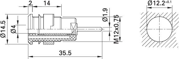 Technical drawing of a mechanical component with dimensional details and a cross-section revealing its internal structure.