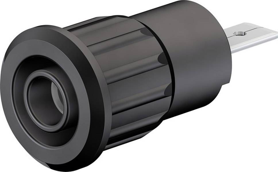 A black electric adapter with a cylindrical shape and metallic plug contact, suitable for connecting to a device.