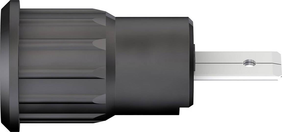 Black plastic plug adapter with two-pin metal contact. Used for converting plug types in electrical applications.