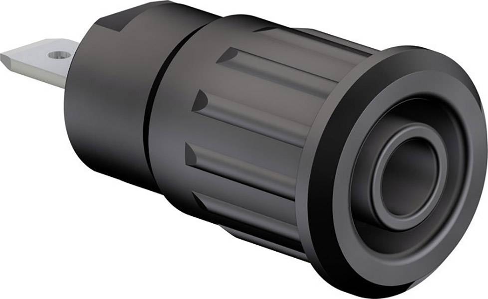 A black, round switch with a ribbed surface and a protruding metal pin at one end.