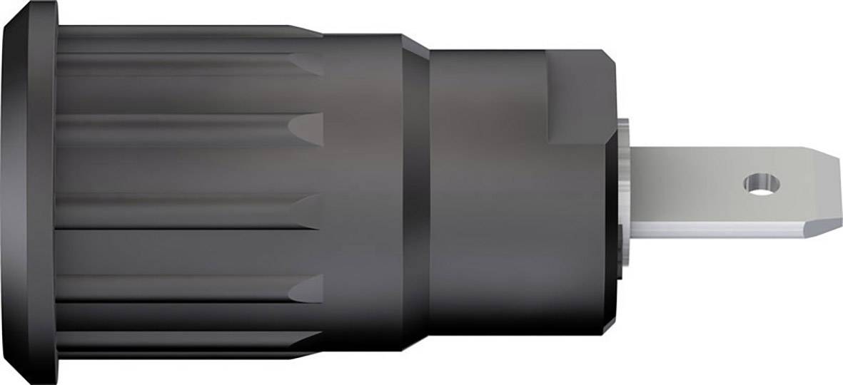 A black, cylindrical electrical adapter with a metal plug at one end.