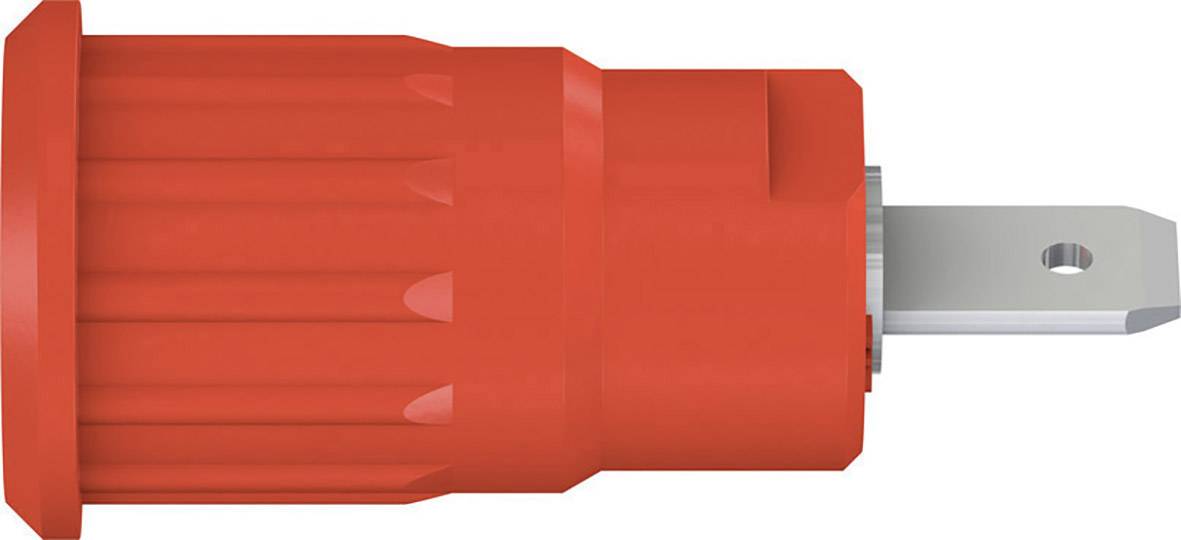 Red electrical spare part in cylindrical form with a protruding metallic plug on the right.