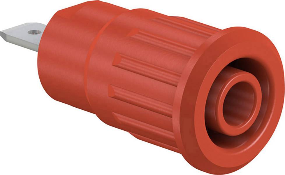 Red banana plug with ridged grip and silver metal pin. Used for connecting electrical devices or cables.