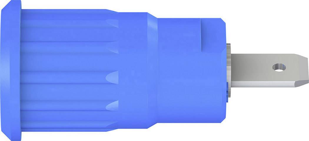 A blue, cylindrical Schuko plug viewed from the side, with a grey metal pin. Suitable for European power sockets.