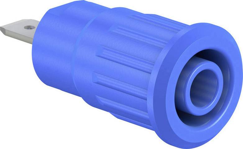 A blue banana plug in close-up, with a ribbed casing and a metal contact, suitable for electrical connections.