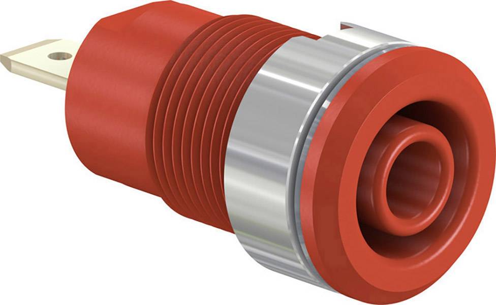 Red and silver threaded connector viewed from the side. Primarily used for electronic connections.