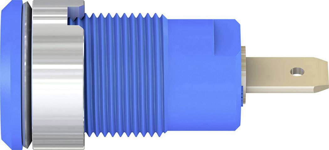 A blue, cylindrical stopper with a ribbed central section and a silver, flat end piece that holds a rectangular metal pin.
