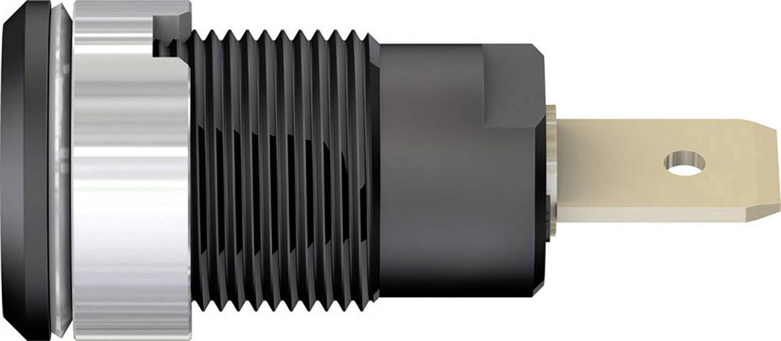 A black electric switch with a silver, ridged metal surround and a gold-coloured contact pin.