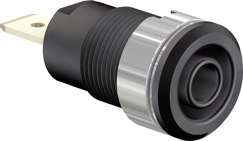 Round, black press switch with a metal rim and two connecting pins, suitable for controlling electrical devices.