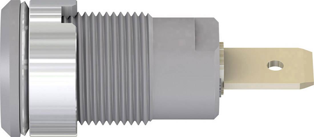 Cylindrical metal plug with a knurled casing and a long rectangular connection pin. Used in electrical applications.