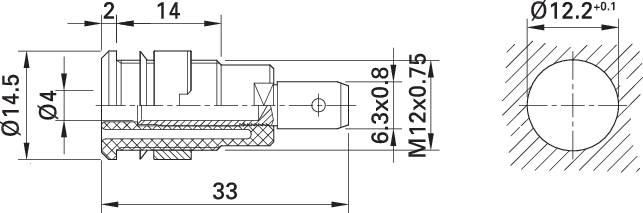 Technical drawing of a cylindrical component with dimensioning and sectional view, showing details for manufacturing and assembly.