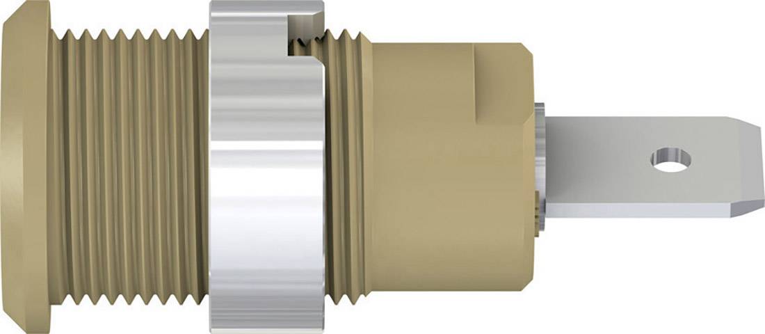 A brown and silver electrical component with a threaded section on the left side and a flat metal tag on the right side.