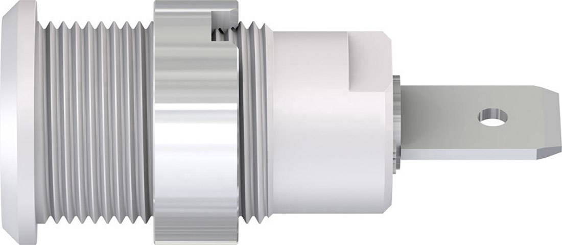 A metallic threaded component with a flat blade at the end, possibly an electrical or mechanical connector.