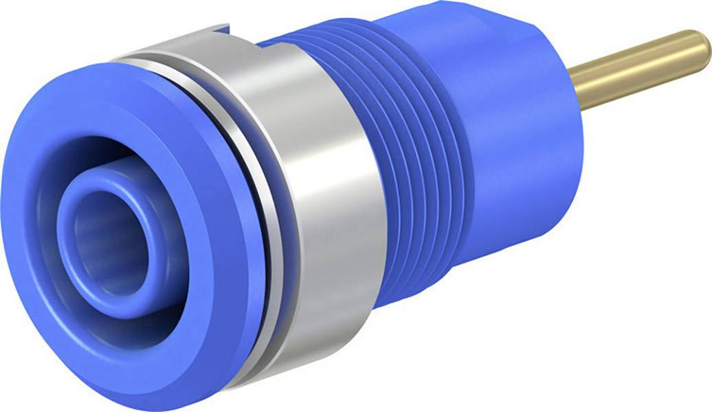 Blue coaxial plug with metal ring and gold contact tip, suitable for cable connections in electronic devices.