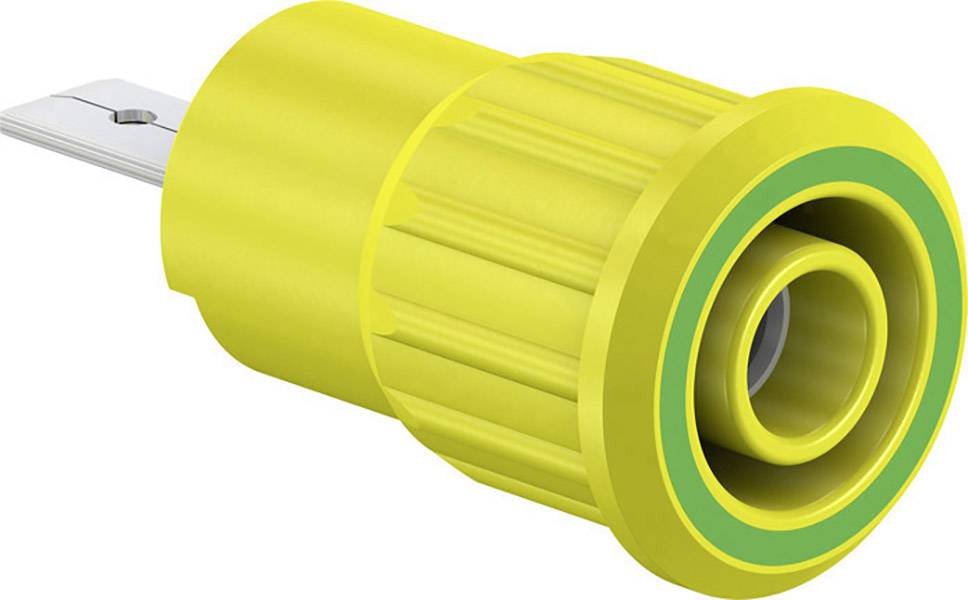 Yellow, cylindrical electrical plug with a metallic contact pin, suitable for secure electrical connections in various devices.