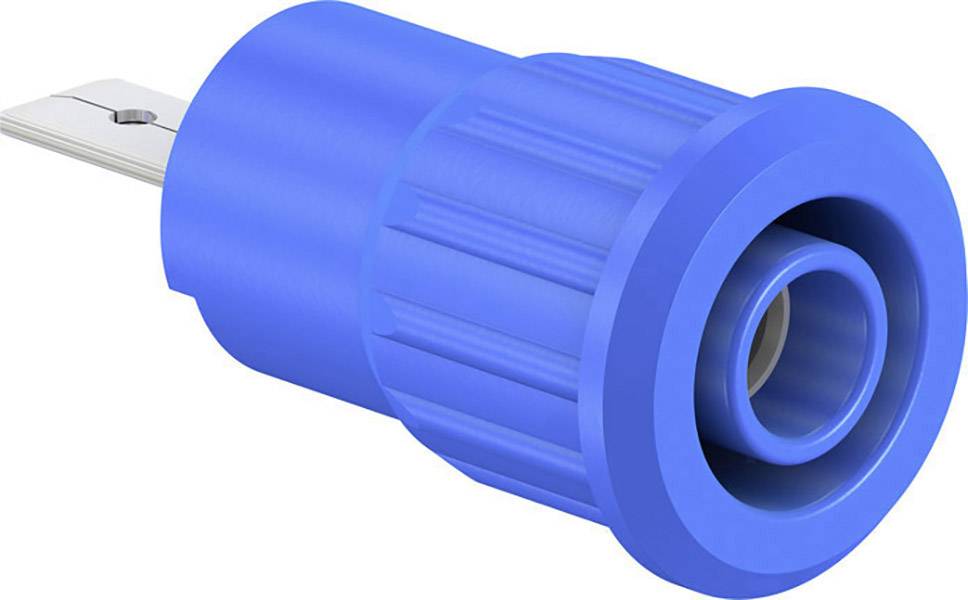 A blue electric connector with a ribbed surface and metallic terminal, suitable for cable connections.